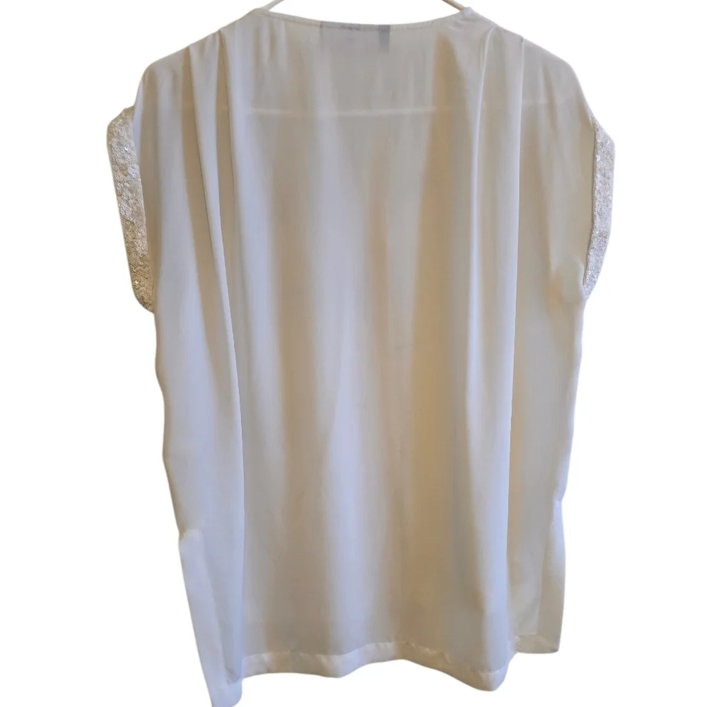 Jennifer Lopez White Beaded Trim Sheer Covered Button Down Blouse Size M - Picture 6 of 7